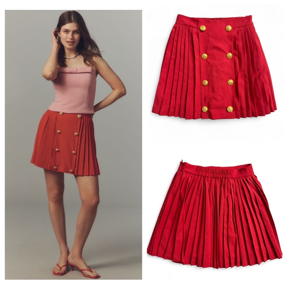 Anthropologie Coastal Preppy Hutch Red Pleated Gold Button Mini Skirt NWT XS